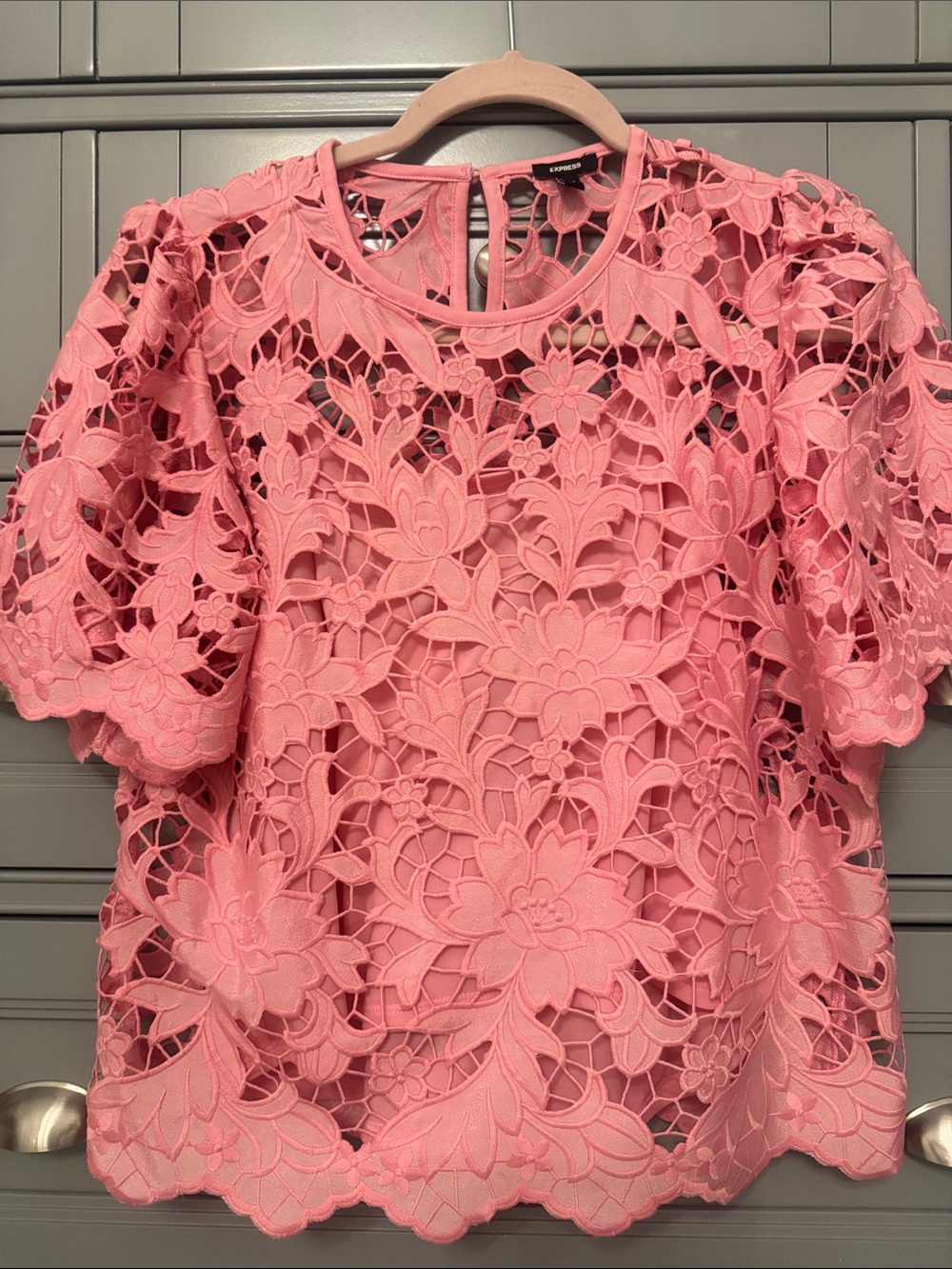 Express Pink Floral Lace Short Sleeve Blouse
